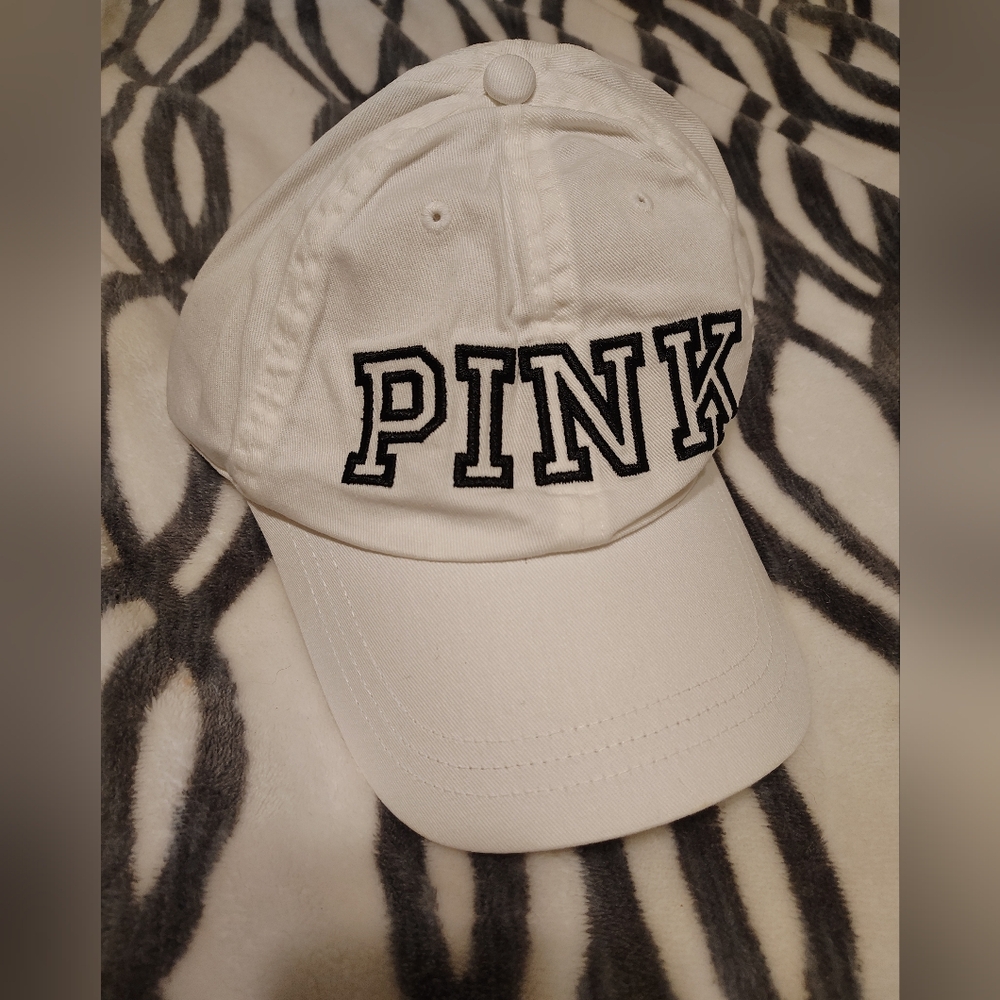 PINK Victoria's Secret White Cap with Black Lettering